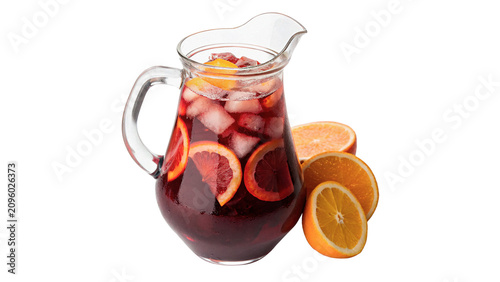 Fotografía Glass jug of fresh red sangria cocktail with orange fruit slices isolated on tra