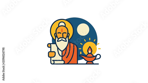Canvastavla Flat vector illustration of a wise Indian guru holding a scroll by a lamp
