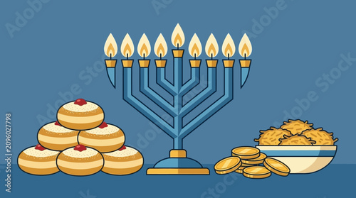 Tableau sur toile Hanukkah celebration illustration with a lit menorah, jelly donuts and potato la