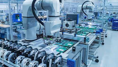 Technician assembling and testing electronic components in a cleanroom laboratory coat gloves