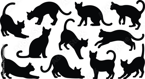 Photography Detailed collection of black cat silhouettes featuring various feline poses like stretching, sitting, and walking, perfect for creative design assets
