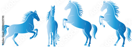 Bild auf Leinwand Elegant collection of blue gradient horse silhouettes in dynamic poses, including rearing and standing, ideal for equestrian branding and graphic art