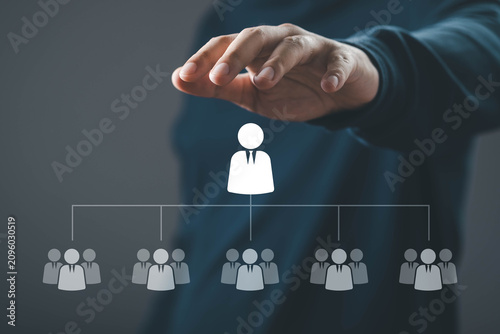 Fotografie Business hand managing organizational structure with employee hierarchy icons representing leadership, team management, human resources, corporate strategy, workforce planning, business organization