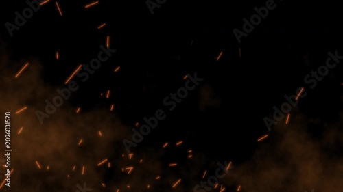 Glowing orange fire sparks flying upward against a dark black background. Floating hot embers rising slowly into thick smoky night air. Burning ash particles overlay intense inferno heat effects here