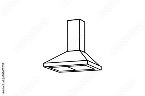 Kitchen range hood with chimney and filters. Black outline icon. Minimalistic vector illustration. Ventilation, cooking, and modern home appliances. 