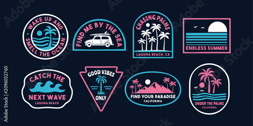 Retro tropical surf badge collection with beach scenes, palm trees, waves and coastal slogans. Perfect for apparel, stickers, branding, patches and summer lifestyle designs.