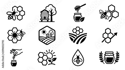 Fotografie Beekeeping and honey production black graphic icon set.