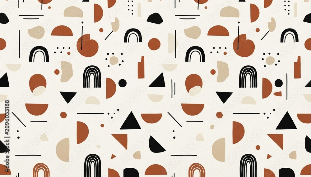 Scandinavian seamless pattern with abstract geometric shapes, beige, cream, black and terracotta colors, minimalist modern design, 