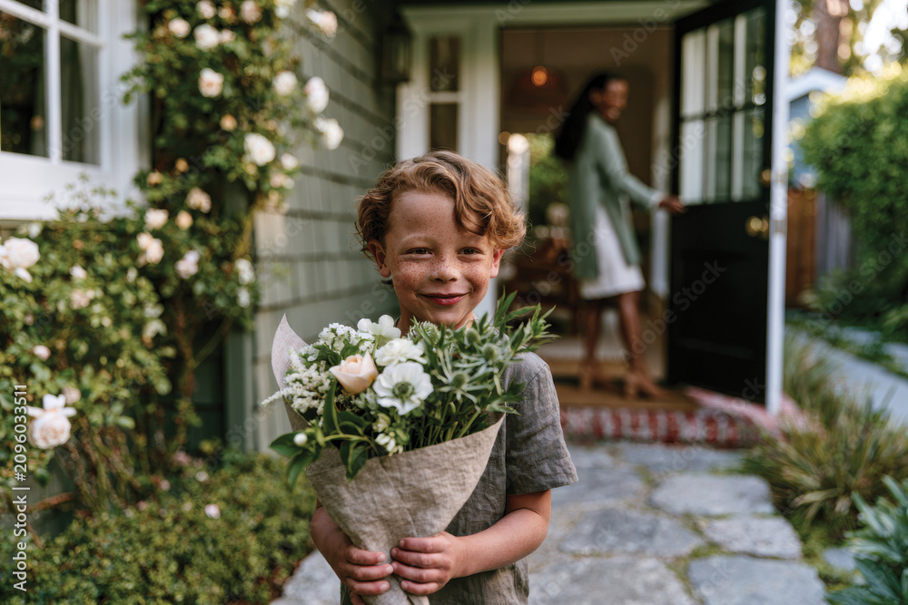 Fototapeta premium A cheerful child beams with happiness while holding a bouquet of fresh flowers at a lovely home entrance, encapsulating joy, innocence, and the beauty of nature in everyday life.