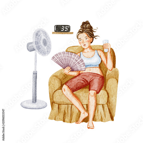 A woman with a fan swelters from the heat at home. Watercolor illustration.