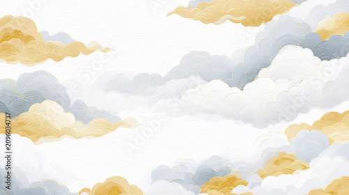 金と青灰色の雲が広がる和風背景イラスト
