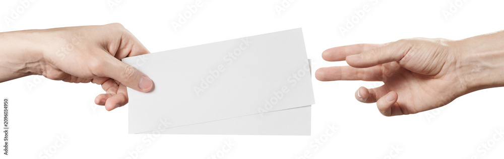 Fototapeta premium Two hands exchanging blank paper flyers or tickets, isolated on transparent cutout background