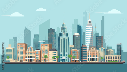 фотографія A vibrant, modern city skyline illustration featuring numerous tall buildings, skyscrapers, and commercial structures under a clear blue sky with subtle clouds