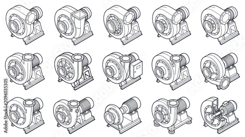 Fotografie Detailed technical drawings of various industrial centrifugal fans and blowers