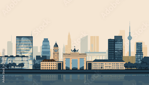 Photos Stylized illustration of the Berlin skyline featuring iconic landmarks like the Brandenburg Gate and TV Tower, with reflections in the water