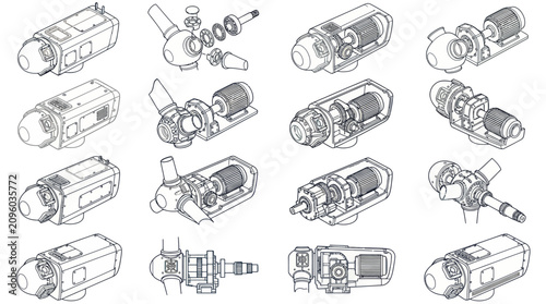 Foto Detailed technical drawings of various industrial gearboxes and pumps