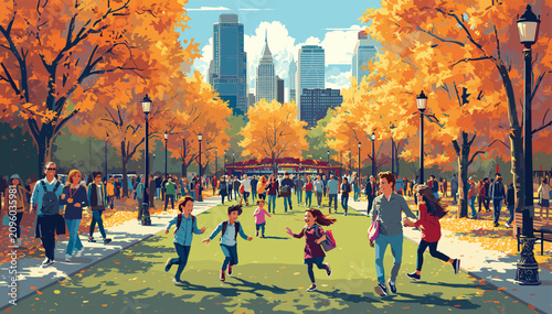 Foto A lively autumn day in a bustling city park with people strolling and children playing amidst vibrant orange and yellow trees and a backdrop of urban skyscrapers