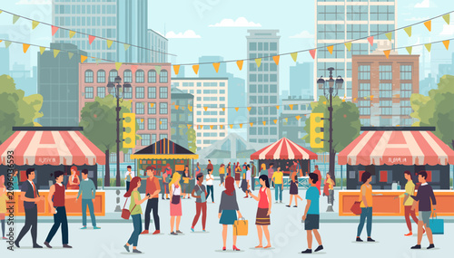 Картината върху платно A bustling outdoor city market scene with numerous people, stalls, and urban buildings under a clear sky