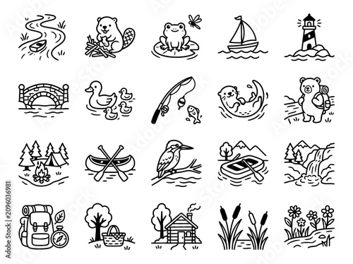 Cute Outdoor Adventure Icons: River, Beaver, Frog, Sailboat, Lighthouse, Bridge, Duck, Fishing, Otter
