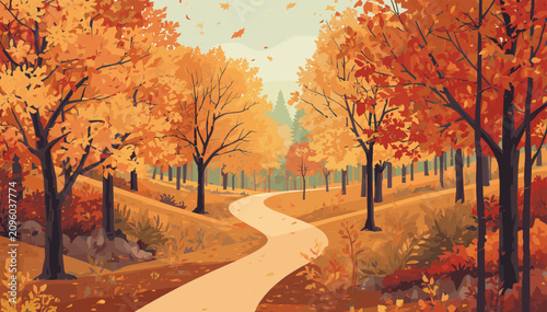 Bild auf Leinwand A winding path through a vibrant autumn forest with trees displaying brilliant orange and yellow foliage under a soft sky