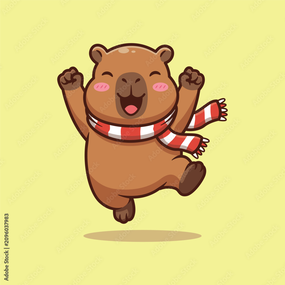 Fototapeta premium Jumping capybara with Scarf Cartoon Vector Illustration