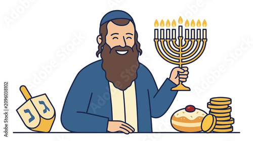 Bild auf Leinwand Happy bearded man holding a menorah with a dreidel and gelt