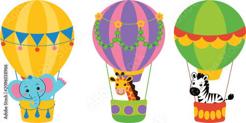 Photography Cute cartoon safari animals in hot air balloons vector set, elephant giraffe and