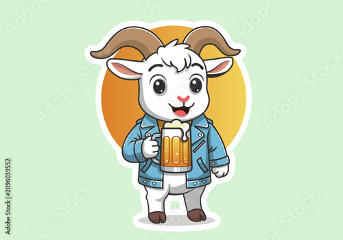 Obraz na plátne Vector cute cartoon funny smiling happy goat, blue jacket, holding glass beer mug with foam