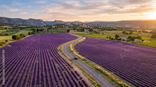 Winding asphalt road through lavender fields with distant village and mountain landscape scenic view highway