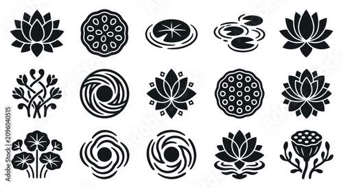 Collection of black lotus flower and water lily icons in various stylized forms.