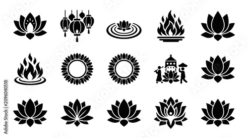 Fotografie Collection of black lotus flower and religious symbols in various designs