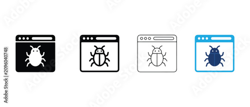 Computer screen bug icons in different colors and styles for software development and coding  bug icons in browser windows