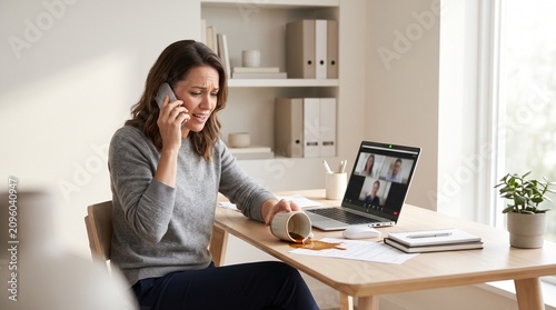 Profissional derramando café ao tentar atender reunião online e responder mensagem ao mesmo tempo em cena cômica de multitarefa no home office