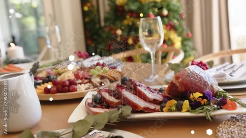 On overlay sweep platter coming into focus, camera shifting, overlay moving showcasing festive meal