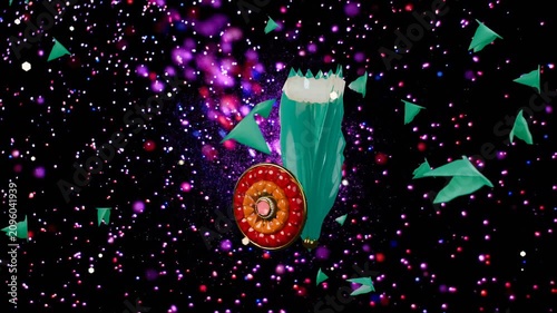 Nebula brightening spurring teal column and red wheel rotating, shards orbiting to accent assembly