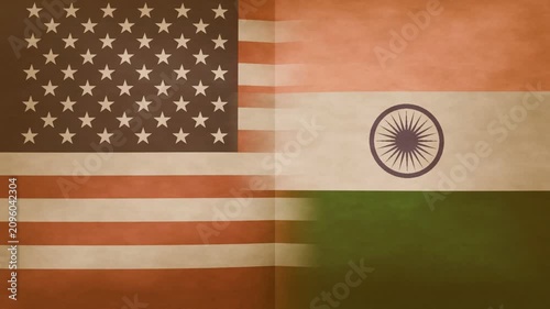 Textured US and Indian flags splitting at seam, tearing open to reveal daytime urban intersection