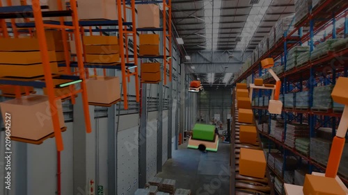 Conveyor moving, robot arms lifting boxes to upper rail, units storing as camera pulling back-left