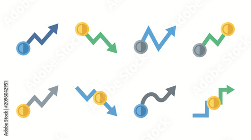 Obraz na płótnie Economic charts featuring colored lines and coins represent fluctuating business performance metrics