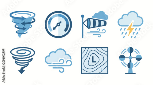 Fotografija Weather icons set displays various meteorological phenomena including storms, wind speed, and atmospheric pressure measurements