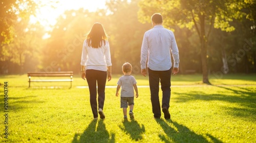 Happy Family Walking Together in Sunny Park at Sunset Back View
