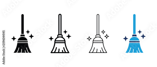 broom icons with sparkles on white background for cleaning and household chores