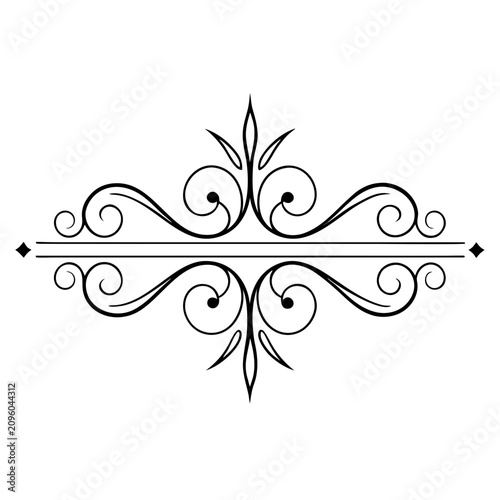 Фотография Elegant symmetrical ornamental divider with double horizontal lines, flourishing scrolls, and pointed leaf accents, black vector illustration on white background
