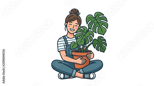 Foto A joyful woman sits cross-legged, tenderly holding her potted Monstera