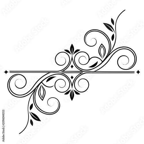 Εκτύπωση καμβά Asymmetrical ornamental corner divider with flourishing tendrils, multiple scrolls, and stylized leaves, black vector illustration on white background