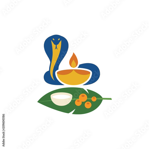 Schilderij op canvas Stylized illustration of a cobra with a diya and milk offering for Nag Panchami