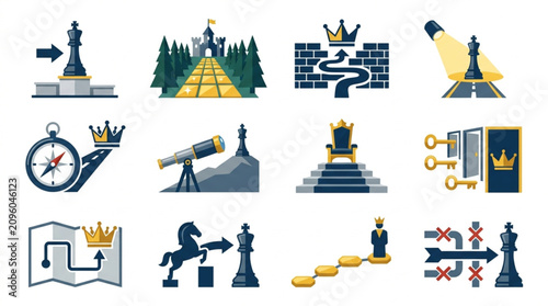 Photos Collection of Chess Pieces and Strategy Icons Representing Business and Success
