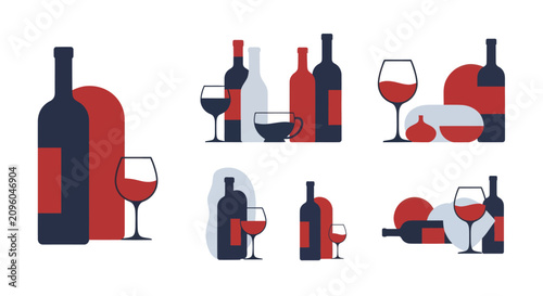 Fotografie Collection of Wine Bottles and Glasses Illustrations.