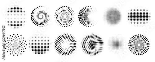 Modern halftone circle patterns set. Abstract monochrome dotted round shapes, radial gradients, spheres, and geometric swirls isolated on white background. Minimalist vector graphic elements for conte