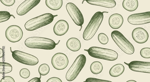 Photography Fresh Cucumber Slices and Whole Cucumbers Pattern.