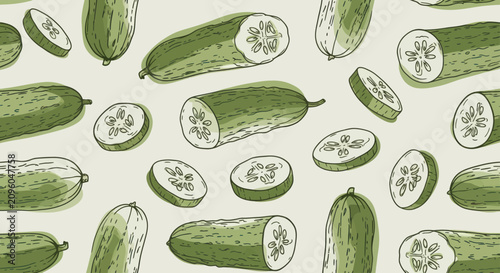 Photos Fresh green cucumbers and slices pattern illustration.